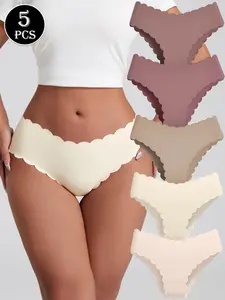 5 Pack Women's Seamless Panties - Autumn Maillard Color Palette (Brown/Beige/Burgundy/Cream/White) Scalloped Edge Quick-Dry 4-Way Stretch Nylon Spandex Breathable No-Show Underwear for Premium Daily Commute