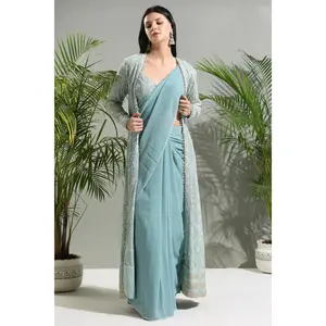 Dusty blue sunset bloom jacket and Saree set