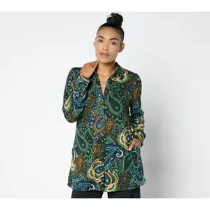 Susan Graver Petite Printed Novelty Knit Button-Front A-Line Tunic