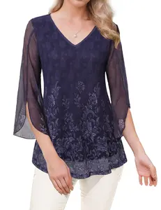 Womens Ruffle 3/4 Sleeve V Neck Double Layers Mesh Blouses Loose Fit Flowy Tunic Tops
