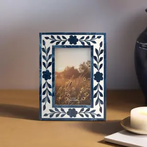 Sagebrook Home Floral 4" x 6" Picture Frame Blue and White Floral Petals Polyresin Portrait Decor Gift