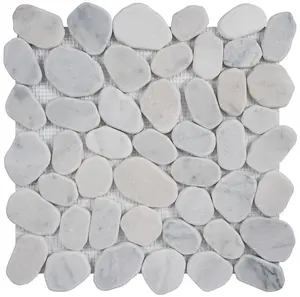 Simple Tile 5 Sheets Marble Mosaic Tile for Kitchen Backsplash, Bath Bathroom Floor, Etc, "River Rock Collection" MM 9505 - Carrara White, Mixed Rounds, 12"X12"X3/8", Tumbled