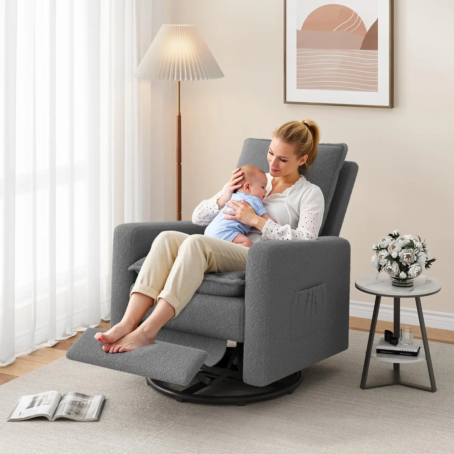 【Summer Sale】UDPATIO Swivel Glider Recliner for Indoor, Nursery Rocker Chair Upholstered Single Sofa with Side Pockets and Footrest for Living Room Bedroom