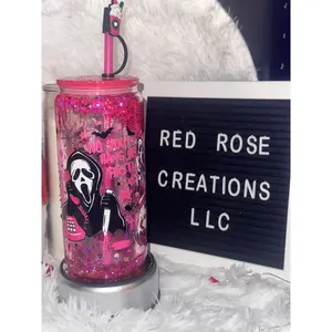 Pink ghost face snow globe glass can