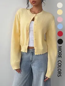 Women's Solid Color Button Front Sweater Cardigan, Casual Long Sleeve Knitwear for Fall & Winter, Women's Knit Clothing for Daily Wear