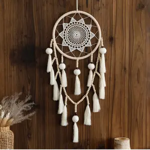 Macrame Dream Catcher Wall Decor with Pom Poms Large White Dreamcatcher Wood Beads Boho Wall Hanging, Handmade Tassels Ornament Room Decor for Girls Bedroom Living Room Weddings