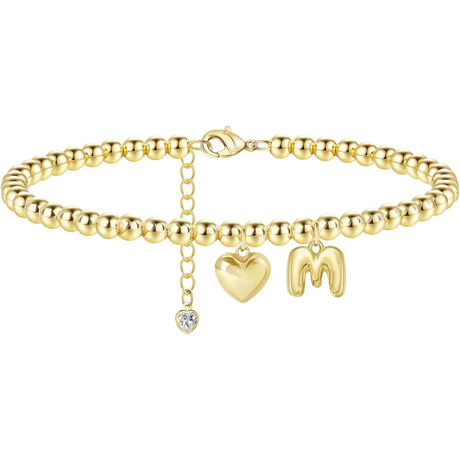 Gold Initial Bracelets for Women - Dainty Gold Beaded Bracelets for Women 14K Gold Plated Heart Initial Bracelets Balloon Letter A-Z Charm Bracelets Personalized Jewelry