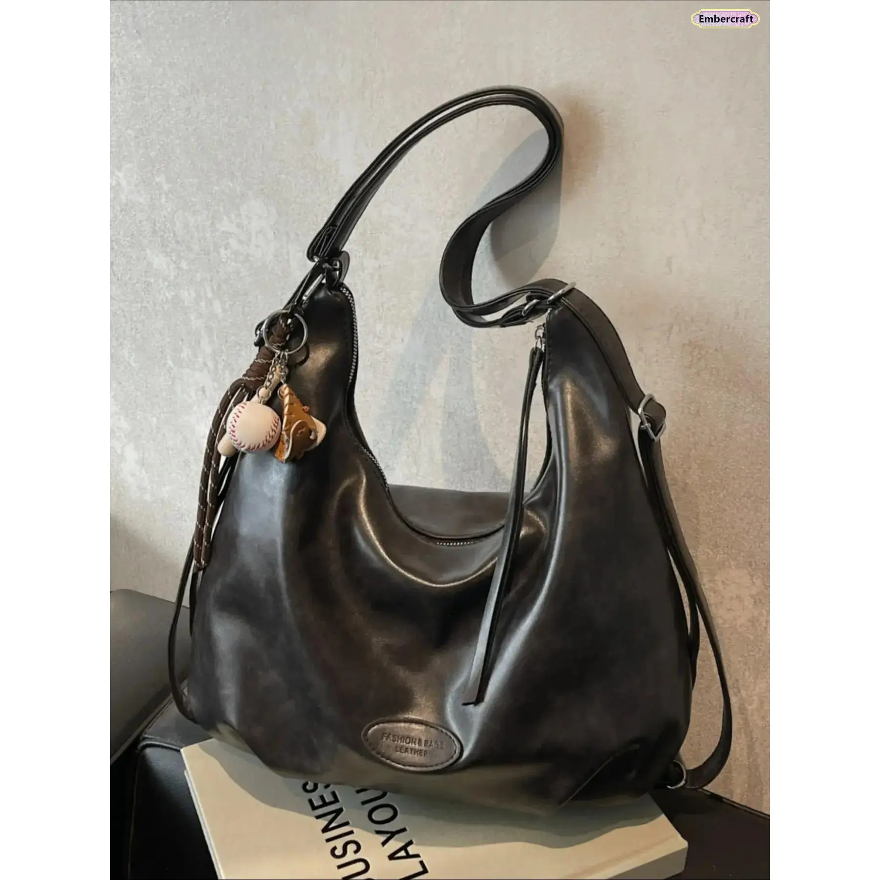 Oversized Crossbody Bag for Women, Vintage Ruffled Crinkle Leather Shoulder Purse with Large Capacity for College & Travel, Fashionable Casual Bag, Preppy, Back To School Haul, Whats In My Bag