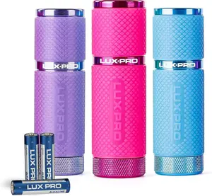 3 Pack Mini Flashlights - LP395 Gel Glow in Dark - Aluminum LED Flashlights with Maximum Brightness of 40 Lumens - IPX4 Water Resistant - 3 AAA Batteries Included - Pink, Purple & Blue