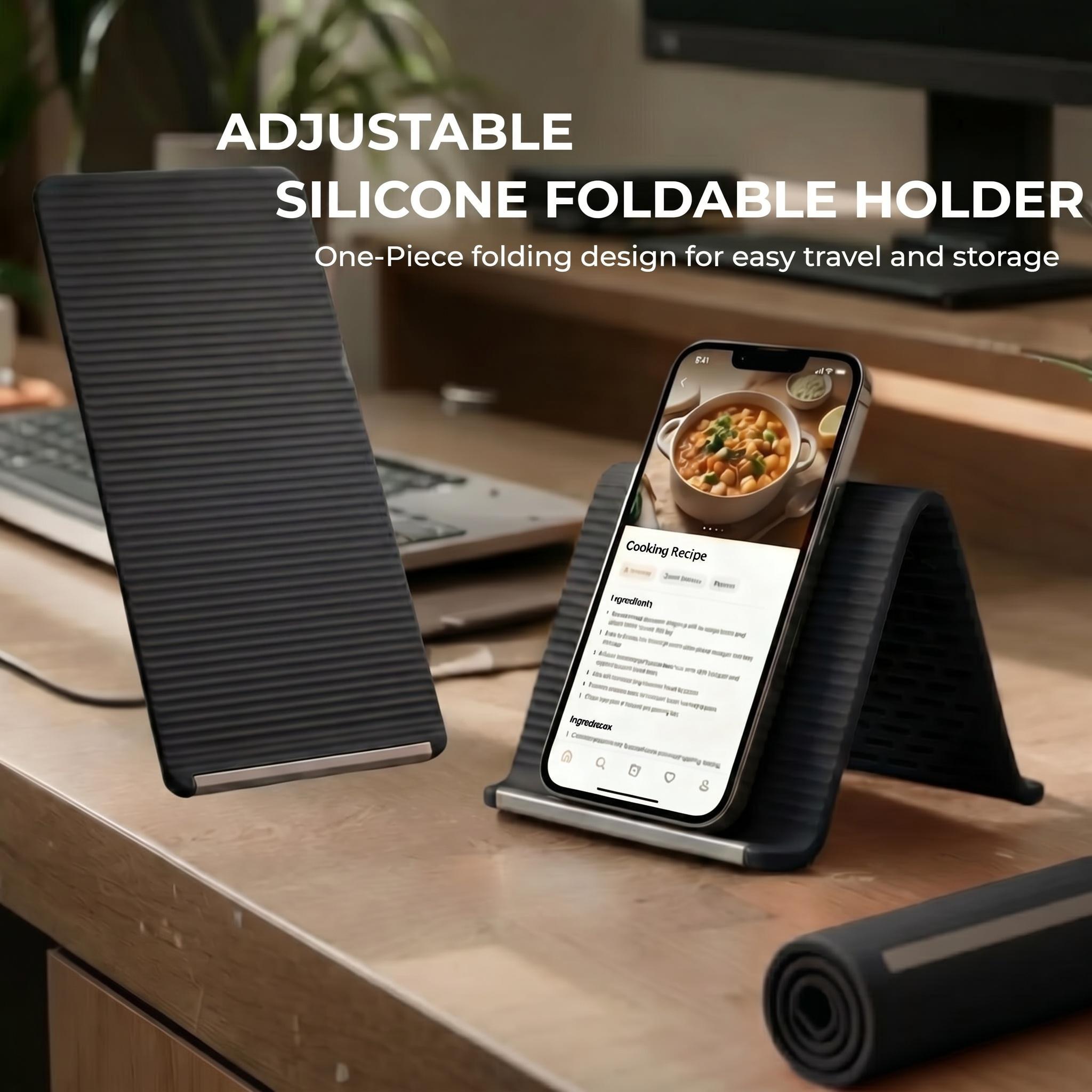 Multifunctional silicone folding mobile phone stand – ideal for frequent users of digital devices. Suitable for use on office desks, in the kitchen for following recipes, for portable storage whilst travelling, and as a non-slip mount in the car.