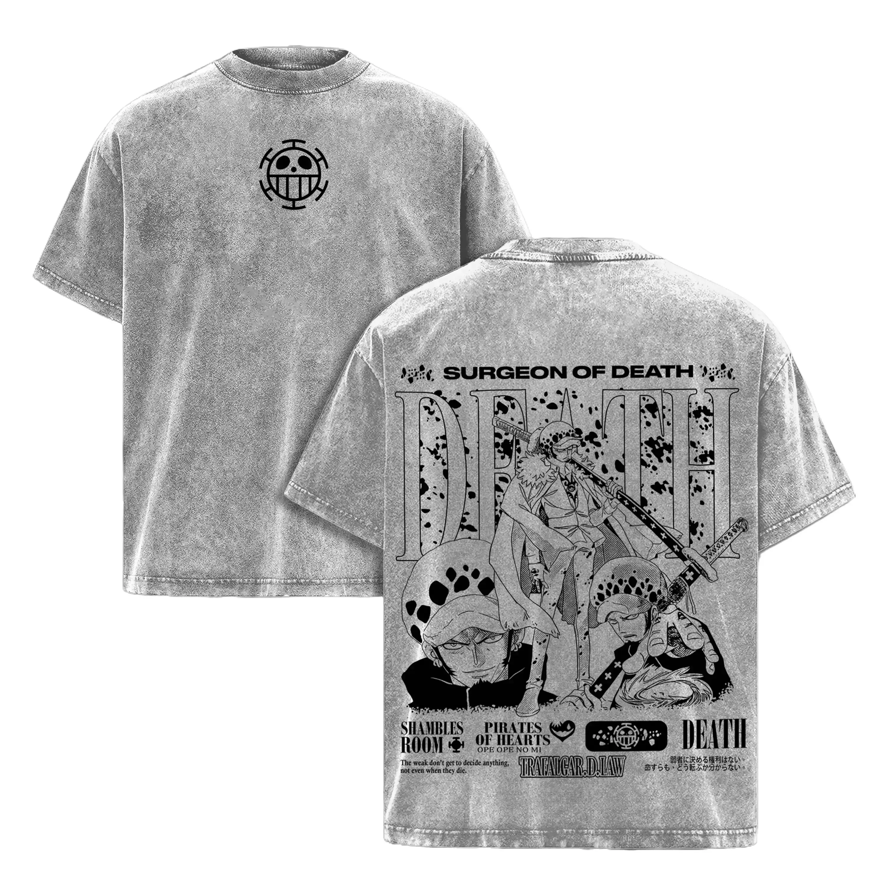 Trafalgar D. Water Law Tee Washed – Trafalgar Law One Pieceee Vintage Washed Oversized Heavy Cotton Anime Manga T-Shirt, Double Printed Retro Unisex Streetwear Graphic Top, Surgeon of Death Edition, Anime Merch for Fans
