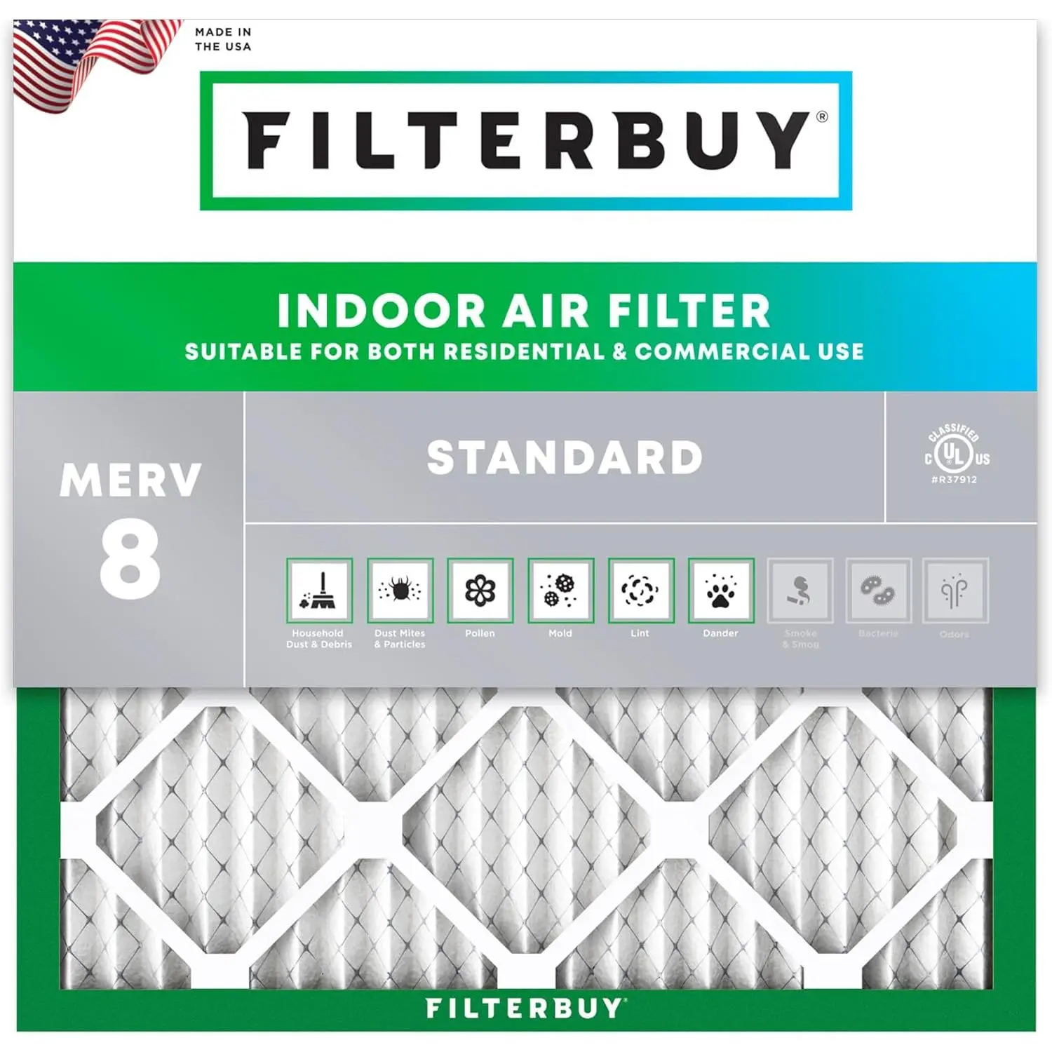 Filterbuy MERV 8 Air Filter with Electrostatic Charge, 90% Airflow Protection, Eco-Friendly Recyclable Materials, Made in the USA