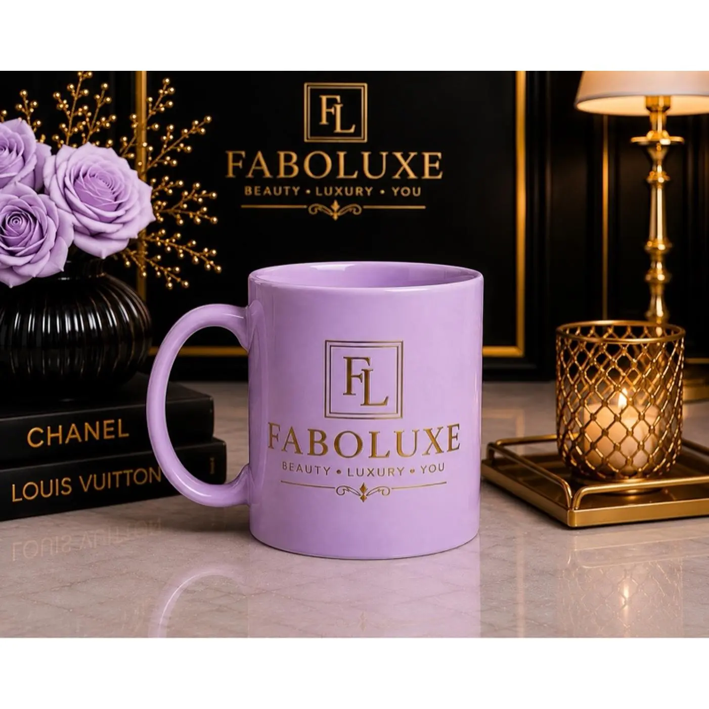 FABOLUXE Luxury Purple Mug with Gold Logo - Perfect for Coffee & Tea - Ideal for Gifting - High-Quality Design