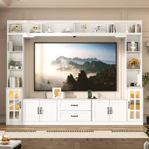 106" Wall Unit TV Stand with Bookshelves – Large Black/ White Entertainment Center for 70-80 Inch TVs with Drawers, Open Shelves & Tempered Glass Doors for Living Room