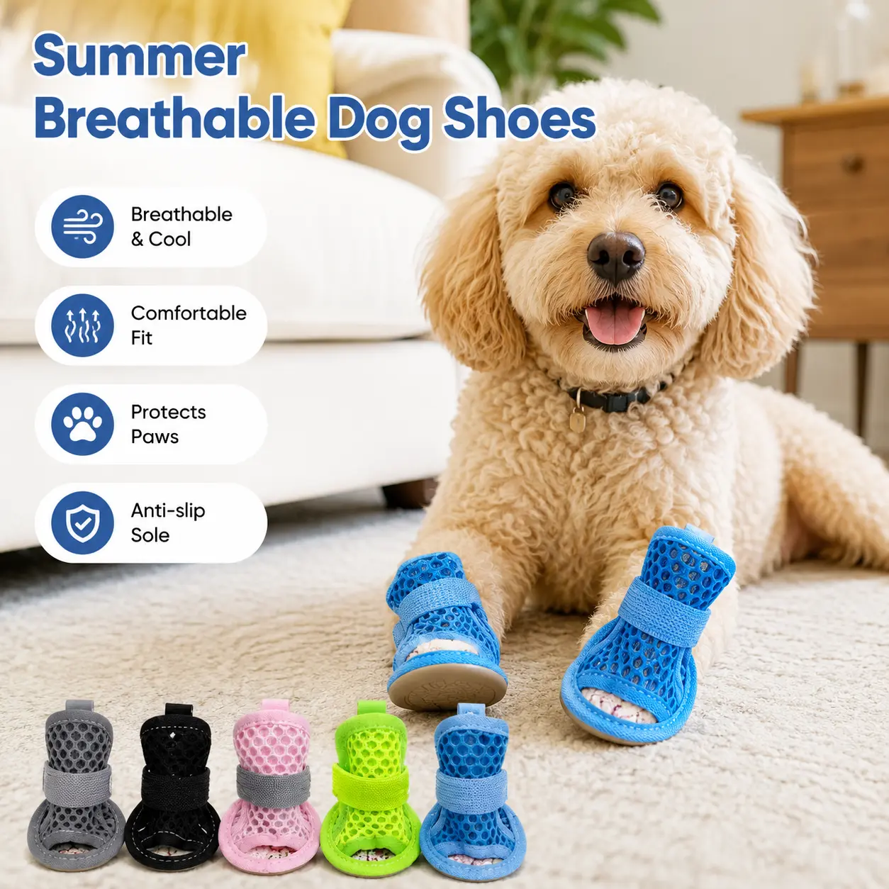 4 Counts, Pet Dog Breathable Mesh Sandals with Adjustable Strap, Non-slip Footwear for Summer Outdoor Walking