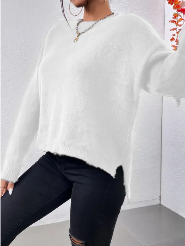 SHEIN *BRAND NEW* Women's High Low Slit Hem Drop Shoulder Sweater - Small Crew Neck Plain White Round Neck Casual
