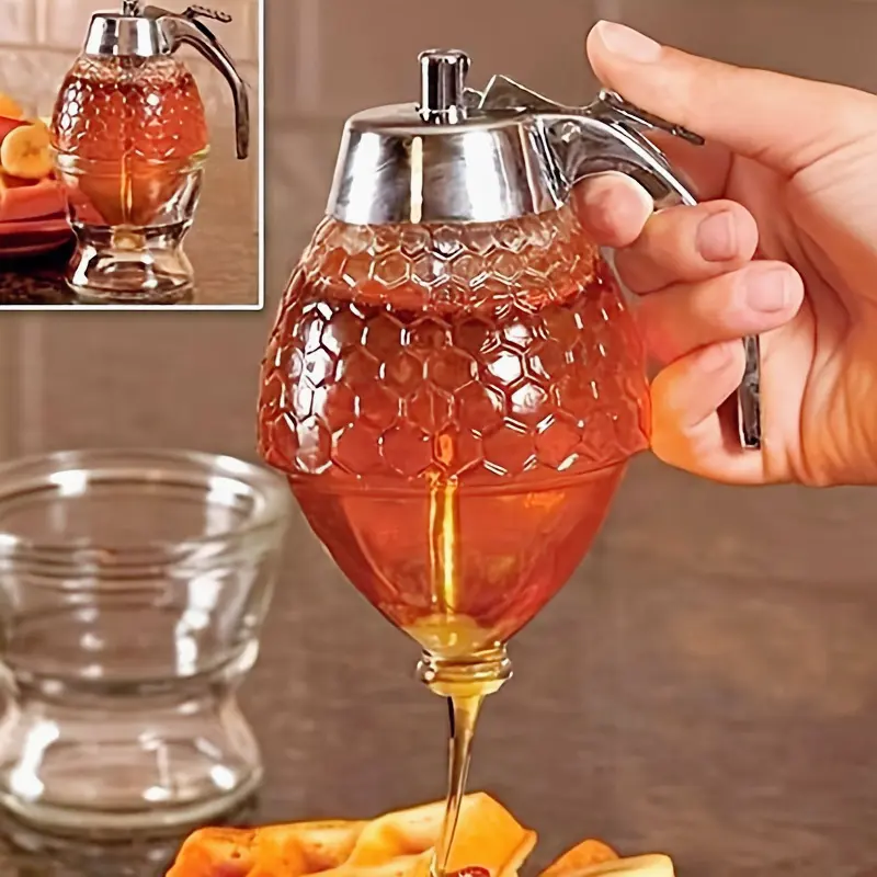 Honeycomb-Patterned Reusable Plastic Honey Dispenser Bottles with Metal Spout & Storage Rack - 5.9in*3.9in, Food-Safe, Hand-Wash Only, Ideal for Syrup, Sauce, For Food Contact