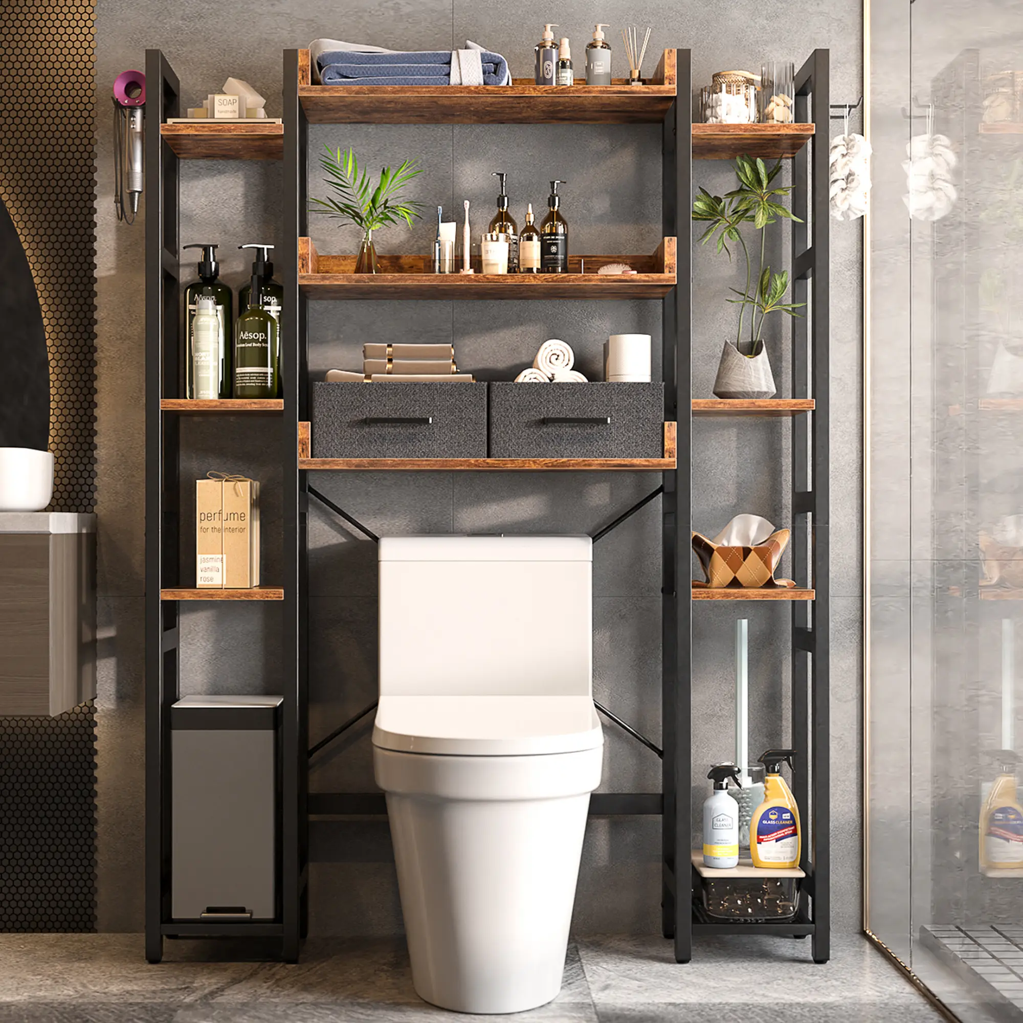 Freestanding Over-The-Toilet MDF Wood Bathroom Organizer Single Unit - 2 Drawers, 11-Tier Setup, Adjustable Shelf, 4 Hooks, Maximizes Vertical Space, Toilet Rack