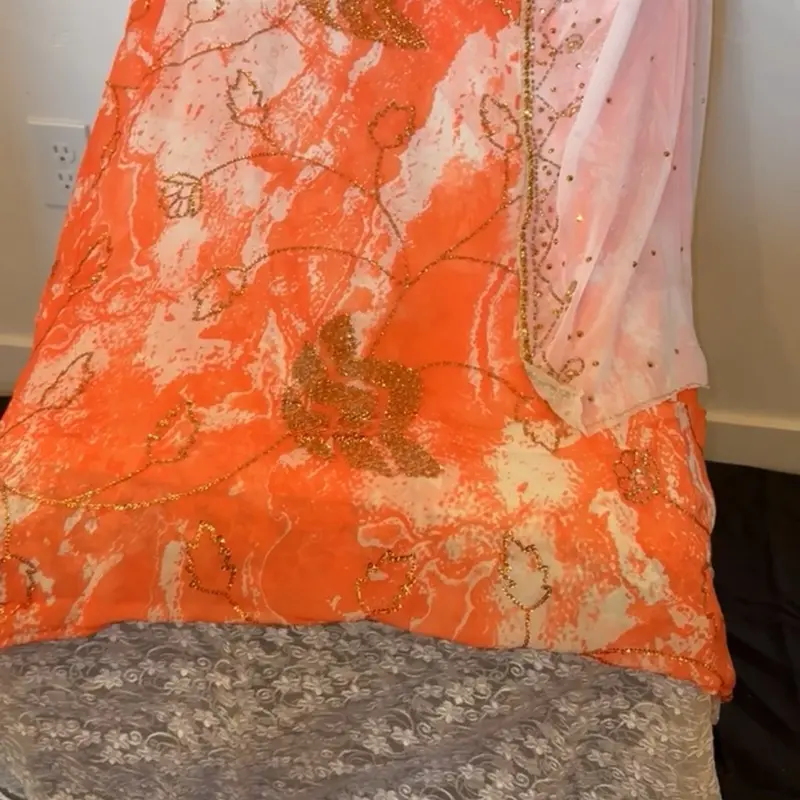 Somali Traditional Wedding Dirca - Orange Floral Design with Gold Embellishments