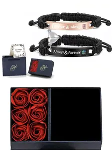 Couple Rhinestone Decorated Magnetic Heart Charm String Bracelet with Rose Gift Box, Fashionable Jewelry for Women & Men, Trendy Exquisite Jewelry for Birthday Gift