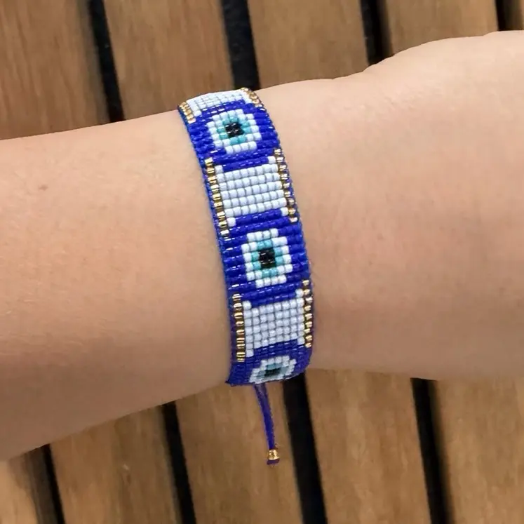 Adjustable White & Blue Miyuki Beaded Evil Eye Bracelet