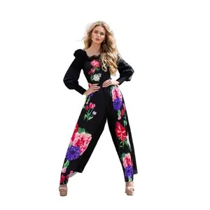 Elise Black Floral Satin Jumpsuit with Lace detail