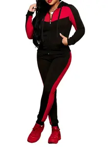Women’s black-and-red colorblock hooded zip-up athletic set featuring side red stripes, jogger pants with pockets—casual, slimming two-piece workout set