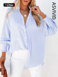 Women's Striped Print Button Front Frill Trim Raglan Sleeve Pocket Design Shirt, Casual Long Sleeve Shirred High Low Top for Spring & Fall, Ladies Clothes