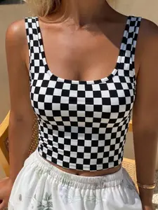 2026 Summer Y2K Retro Vintage Checkered Plaid Short Vest for Women, Trendy Street Style Casual Sleeveless U-Neck Top, Slim Fit Cami Innerwear, Sexy Harajuku Tank, Versatile Basic Jacket
