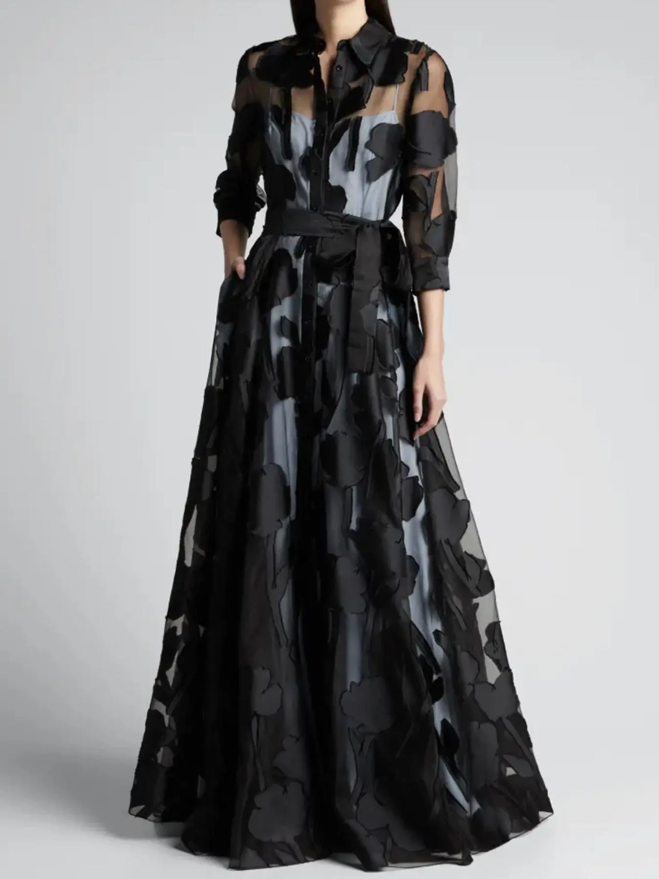 Women's Plain Sheer Floral Button Front Belted Dress, Elegant 3/4 Sleeve Dress for Party Holiday Wedding Guest, Ladies Summer Clothes, Elegant Dresses, Formal Wedding Guest Dress, Dresses To Wear To A Wedding