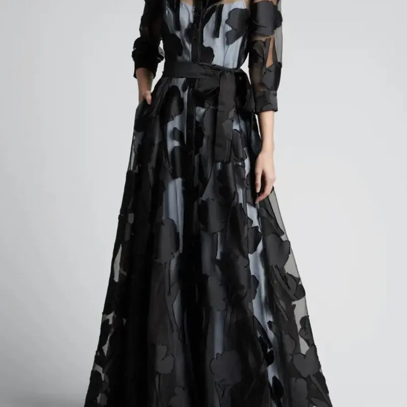 Women's Plain Sheer Floral Button Front Belted Dress, Elegant 3/4 Sleeve Dress for Party Holiday Wedding Guest, Ladies Summer Clothes, Elegant Dresses, Formal Wedding Guest Dress, Wedding Guest Gown