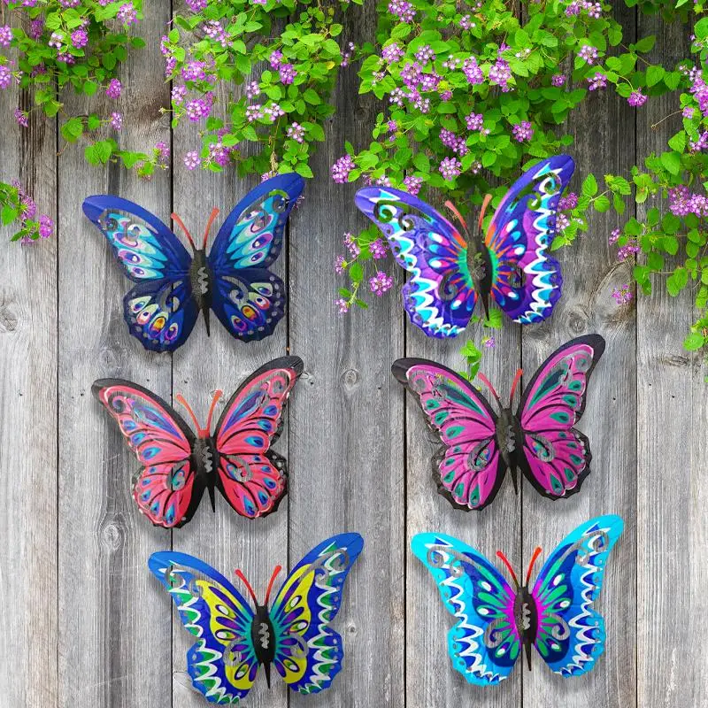 Colorful Butterfly Design Wall Art Decor, 6 Counts/set Hanging Garden Patio Decoration, Iron Fence Yard Wall Ornaments, Outdoor, Home, Cute, Pink, Ext