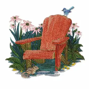 Summer Chair with Chipmunk and Bird Embroidered Patch – Rustic Country Iron-On or Sew-On Applique, 5.2" x 4.85", Made in USA