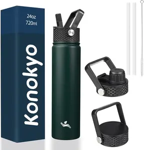 Insulated Water Bottle 24oz Stainless Steel Sport Bottles with 3 Lids,Army Green