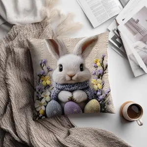 2Pcs 2D Easter Bunny Embroidery Printed Pillow Cover, Environmentally Friendly Soft Decorative Pillow Cover, For Living Room Bedroom Sofa Home Sofa Farmhouse Decoration Party Pillow Free Insert, 17.7 inches * 17.7 inches (non-real embroidery)