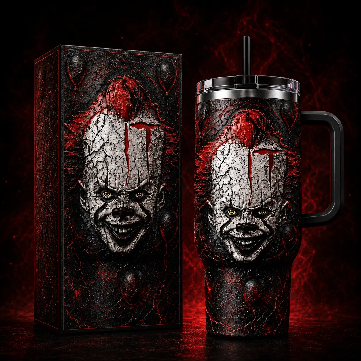 Pennywise - IT Horror Movie #2 Premium 40oz Stainless Steel Tumbler with Handle & Straw, IT Horror Movie Insulated Travel Cup, Halloween Scary Tumbler, Horror Fan Gift