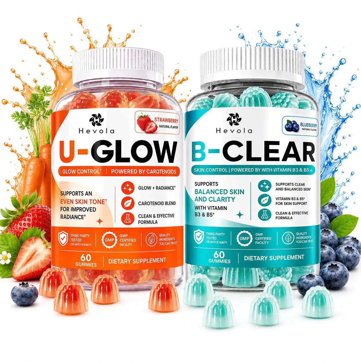 Glow & Clear Duo Gummies - Skin Brightening & Clear SkinSupport I Carotenoid Blend + Vitamins B3, B5 I PromoteRadiance, Even Tone & Balanced-Looking Skin I Strawberry& Blueberry I60 Gummies Each