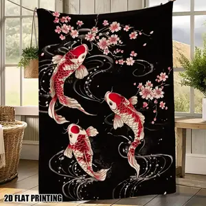 One Piece Of Flannel Throw Blanket Featuring Koi Fish And Cherry Blossoms – Comfortable And Warm – Perfect For Use On A Sofa, Chair, Bed, Or In The Office