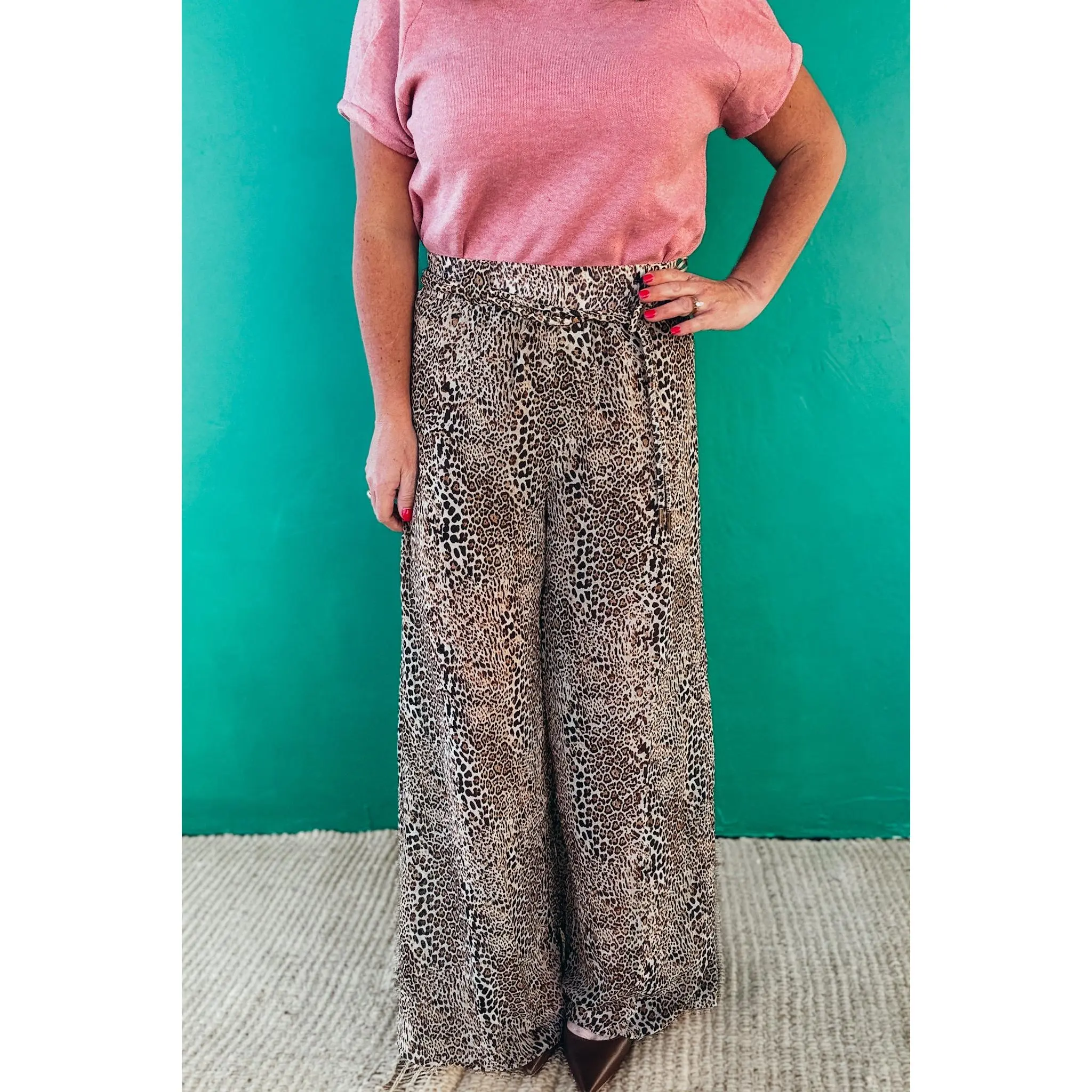 Ashley Cheetah Looped Belt Wide Leg Pants