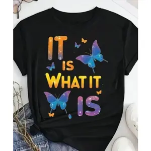 Plus Size Women'S   T-Shirt - Colorful Butterfly Graphic & "It Is What It Is" Inspirational Quote, Casual Short Sleeve Round Neck Top For Spring Summer Fall, Mother'S Day Juneteenth Gift, Ladies T Shirts Golf Gift T-Shirt For Men And Women