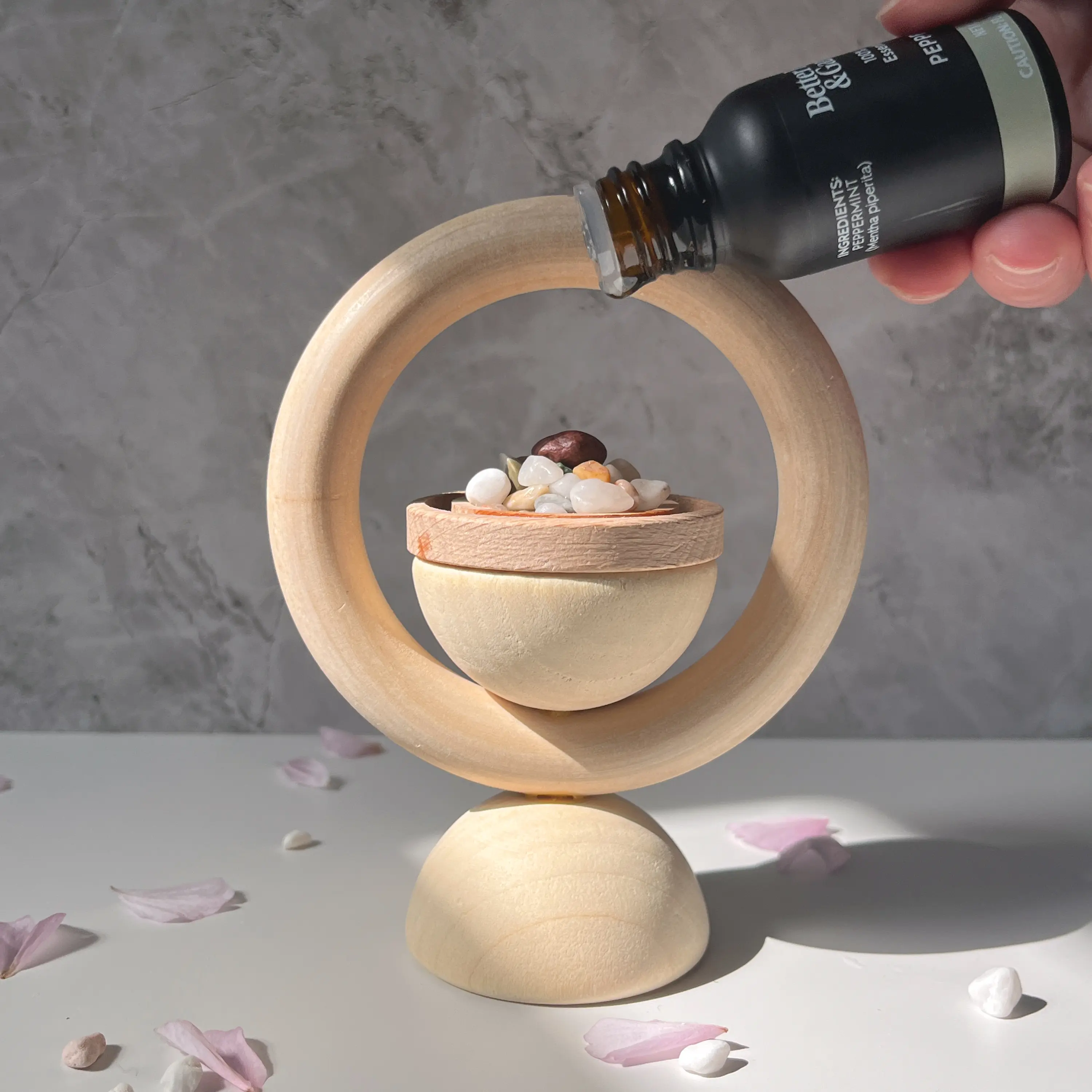 Wood Essential Oil Diffuser “Halo” with Colorful Energy Pebbles – Passive Natural Aroma Diffuser | Zen Home Fragrance Decor