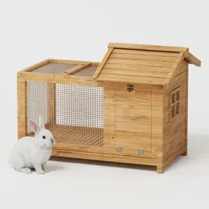 Large 2-Story Weatherproof Wooden Rabbit Hutch Indoor Outdoor Anti-Chew Metal Frame Ramp - Removable Wire Netting & Pull-Out Tray - Small Animal Cage for Rabbits, Chickens, Ducks