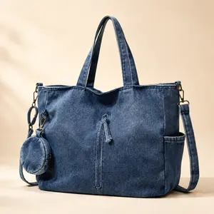 Women's Large-Capacity Denim Tote Bag - Trendy Minimalist Casual Shoulder Bag, Vintage Washed Jean Fabric Handbag, Slouchy Clean Girl Aesthetic Everyday Travel Satchel Gift for Her, Tote Bags