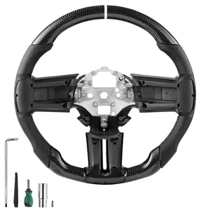 VEVOR Steering Wheel for 2010-2014 Ford Mustang, Carbon Fiber Steering Wheel D-Shaped Flat-Bottom, Leather Grip with Non-Slip Texture & Precise Stitching, Accessories Replacement for Mustang, Black