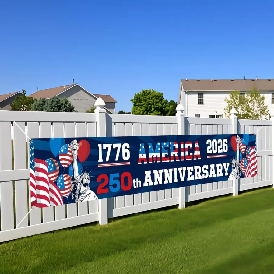 America 250th Anniversary Fence Banner, USA 1776-2026 Patriotic Matte Banner, Independence Day Outdoor Decor, Large July 4th Yard Banner, Statue of Liberty USA Flag Decoration