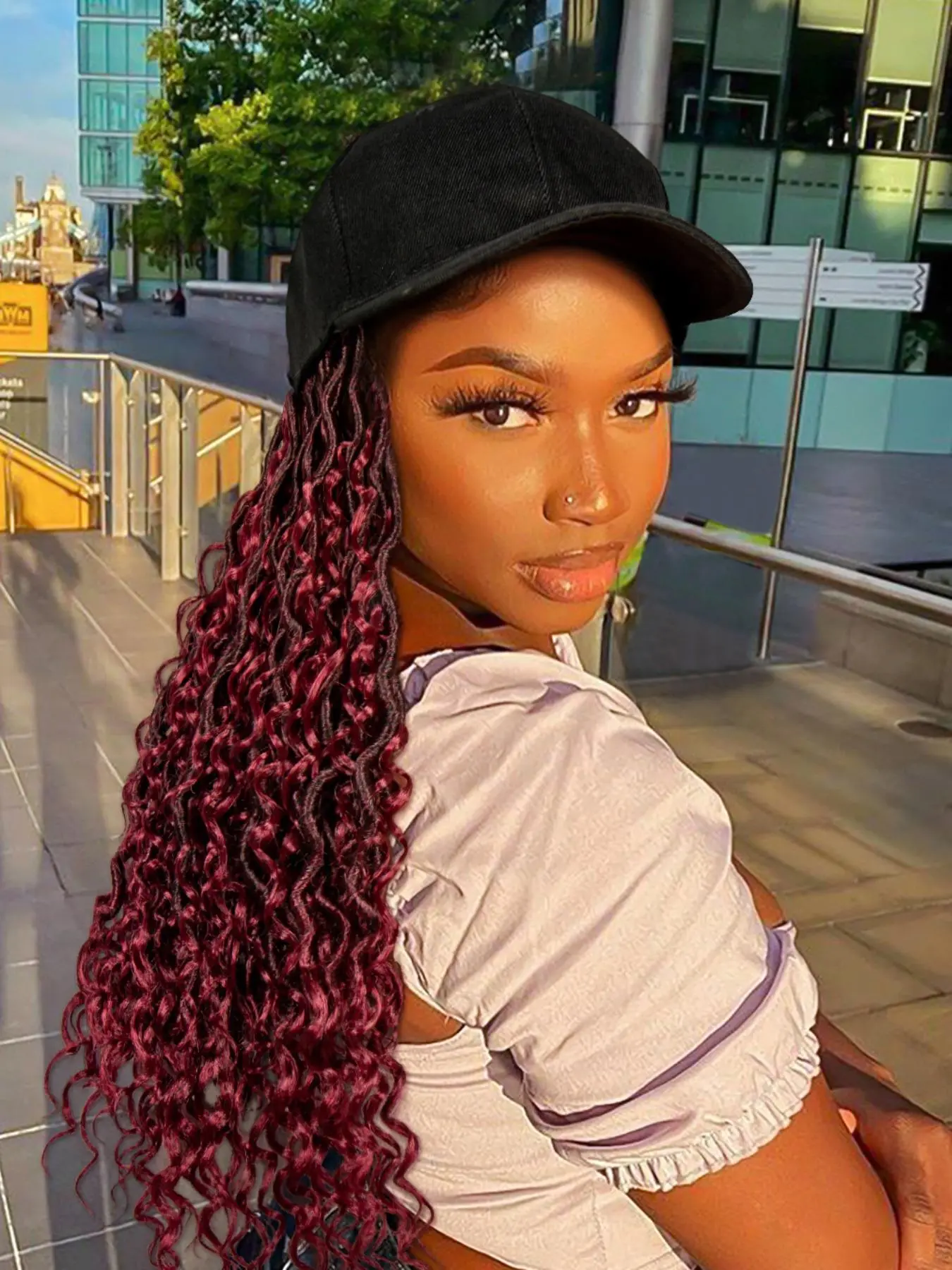 20 Inch Long Ombre Burgundy Braids Wig with Baseball Cap, Gorgeous Fluffy Wigs for Women, Synthetic Full Machine Wigs for Party, Daily Use