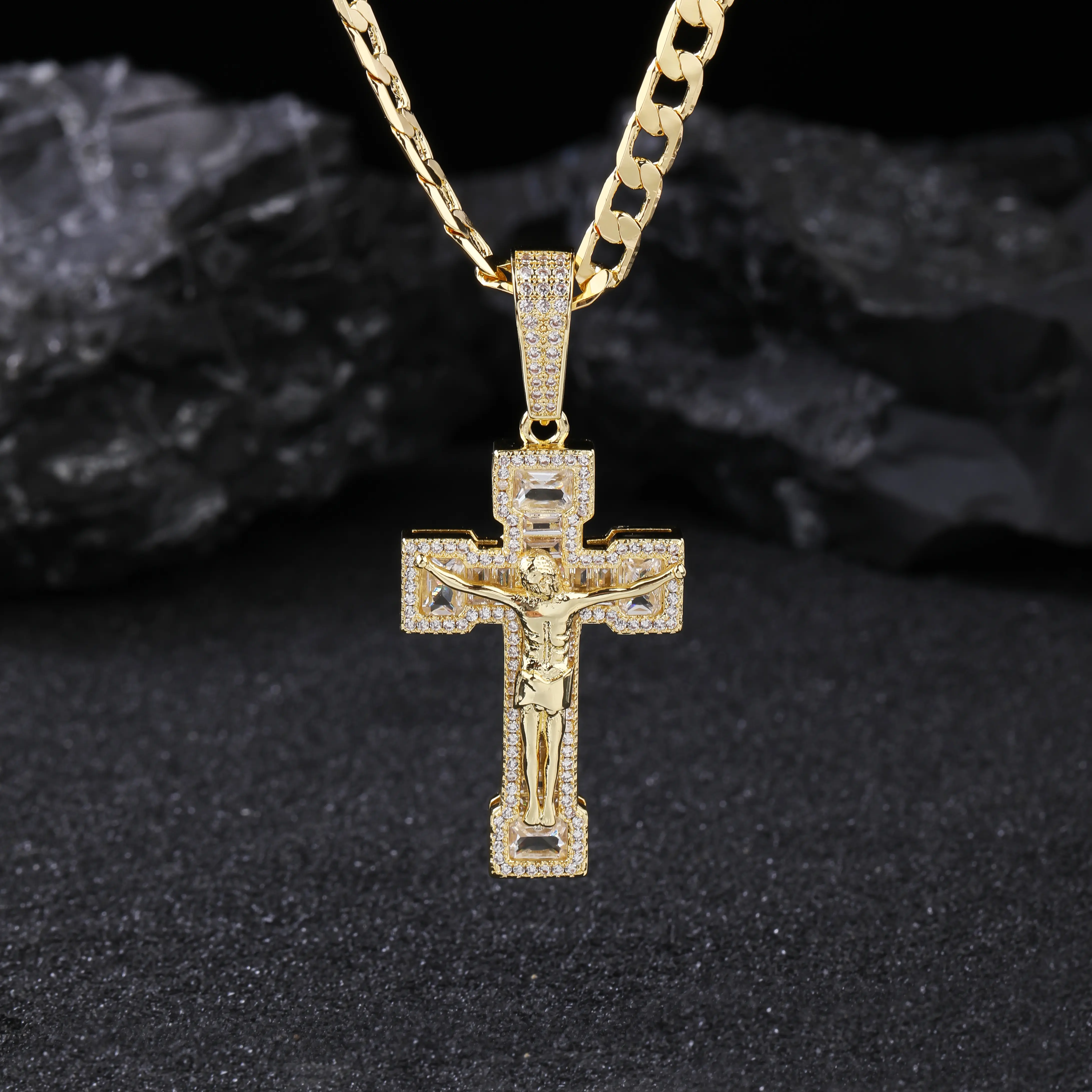 Pyrexta Jewelry 14K Real Gold-Plated Cross Necklace for Men and Women,Advanced Nanotech Tarnish-Free Cuban Chains with Jesus Crucifix Pendant,24'' long,Christain Religious Jewelry Gift