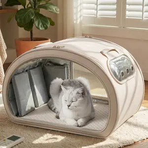 Pecute Foldable Pet Cooling House - Portable Bubble View Pod with Detachable Cooling Blanket, Full-View Window, Insulated Wall, No-Assembly Design for Small Dogs/Cats, Stress-Free Travel & Indoor Use