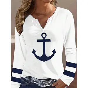 Women's Anchor Print Notched Neck Long Sleeve T-Shirt Graphic Tees Women Tops For Spring Outfit