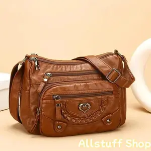 Women’s Genuine Leather Crossbody Bag Heart-Shaped Pattern Multiple Pockets Spacious Interior Stylish Versatile Everyday Shoulder Bag Travel Handbag